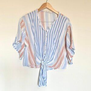 Entro Striped Lace Buttoned Tie Waist Top